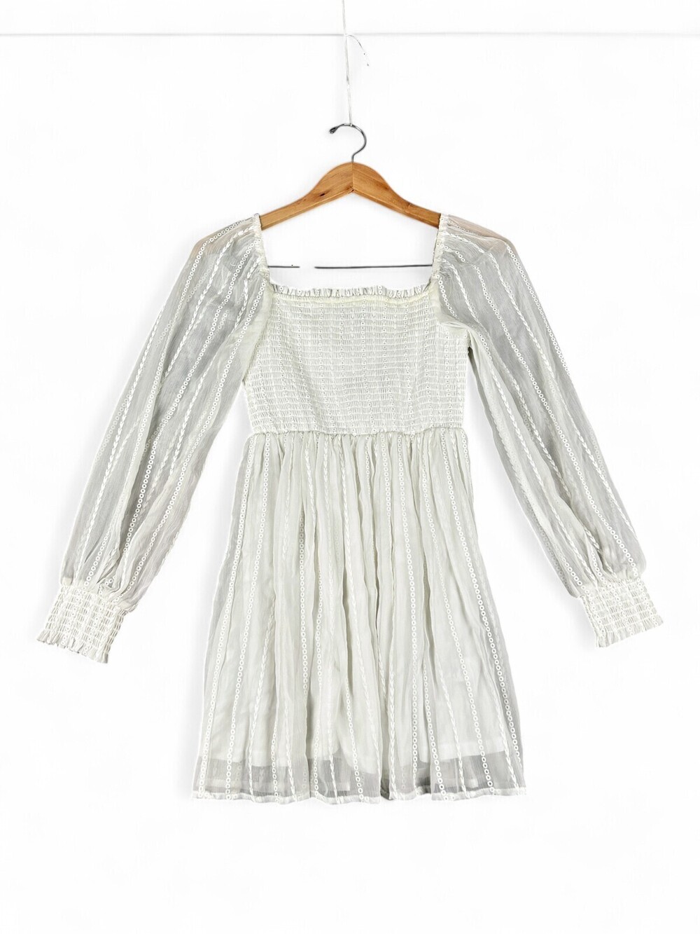 Crystal Doll White Smocked Long Sleeve Mini Dress XS